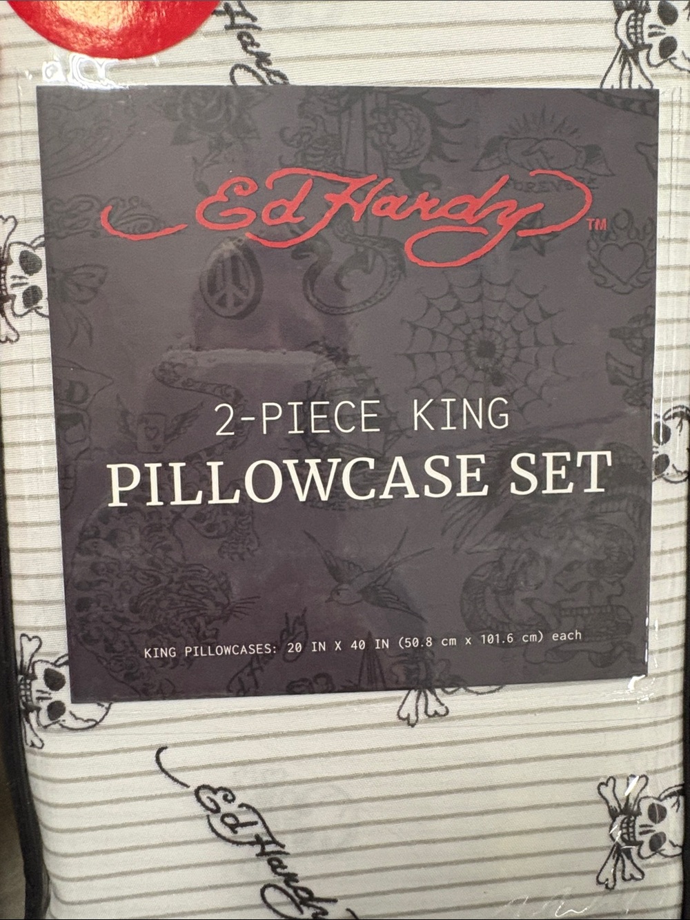 Ed Hardy White and Black Striped Skull Pillowcase Set - 2 Piece King